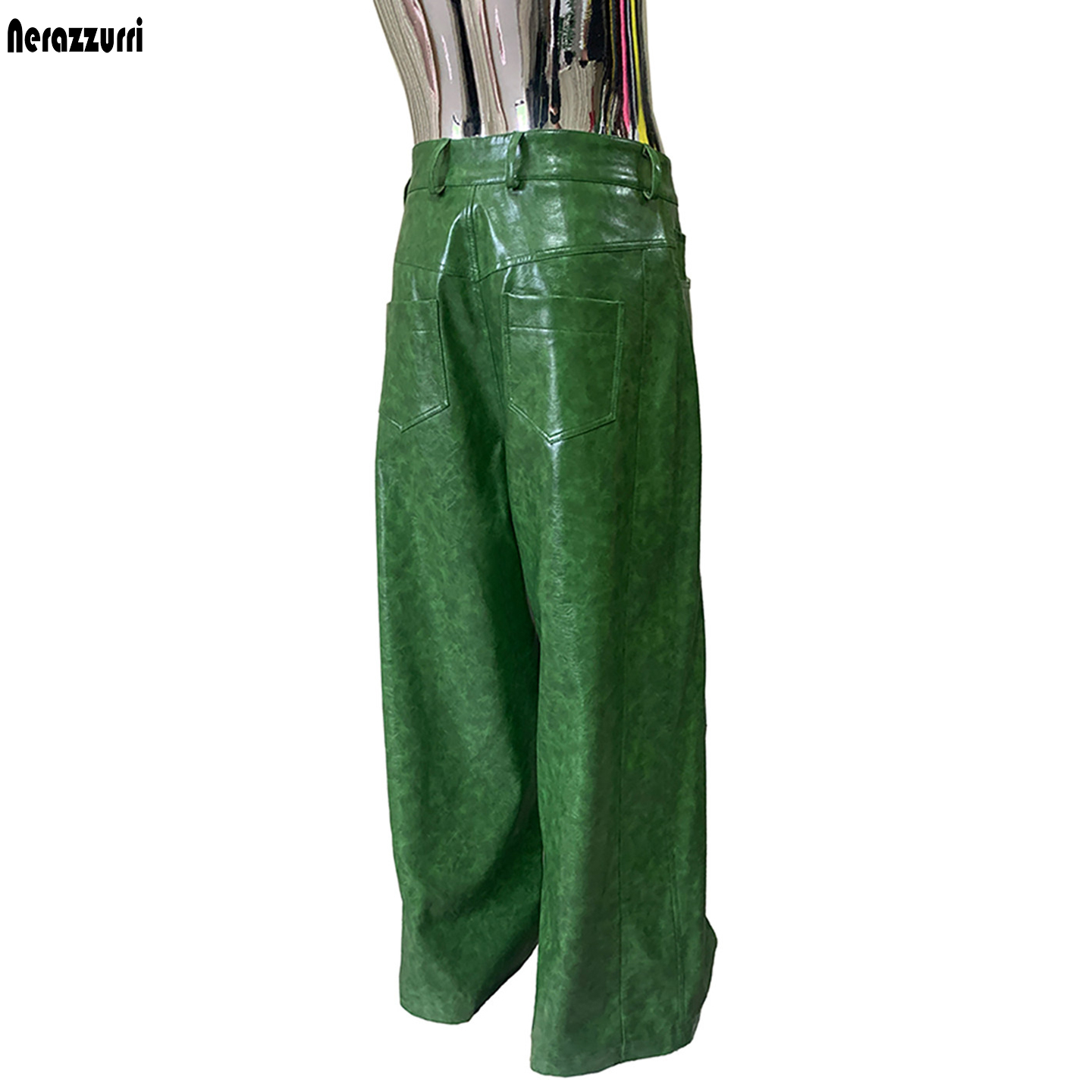Calças largas de couro PU verd - Winter Clothes Shop avaliação e preço