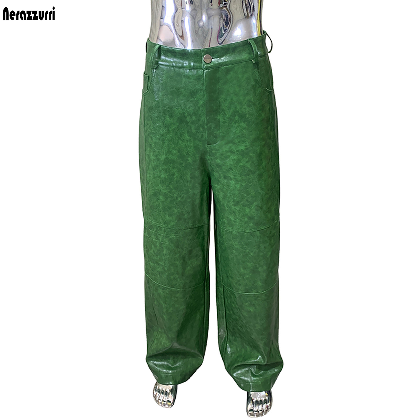 Calças largas de couro PU verd - Winter Clothes Shop avaliação e preço